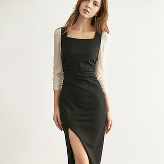 【心动的信号4同款】新款复古方领气质法式茶歇针织连衣裙 XL 黑色