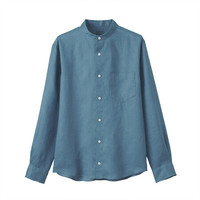 無印良品 MUJI 無印良品 男式 法国亚麻水洗 立领衬衫 21SS新品 水蓝色 L