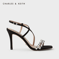 CHARLES＆KEITH2021夏新品SL1-60920036女士半宝石饰露趾高跟凉鞋 Black黑色 39