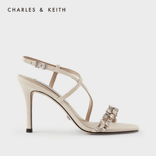 CHARLES＆KEITH2021夏新品SL1-60920036女士半宝石饰露趾高跟凉鞋 Beige米色 35