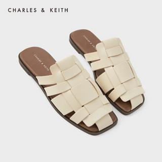 CHARLES＆KEITH2021夏季新品CK1-70380858女士编织鞋面平底凉拖 粉白色Chalk 37