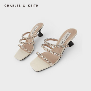 CHARLES＆KEITH2021夏季新品SL1-60920030女士半宝石装饰高跟凉鞋 Beige米色 36