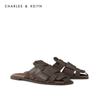 CHARLES＆KEITH2021夏季新品CK1-70380858女士编织鞋面平底凉拖 Dark Brown深啡色 39