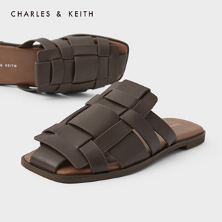 CHARLES＆KEITH2021夏季新品CK1-70380858女士编织鞋面平底凉拖 Dark Brown深啡色 39