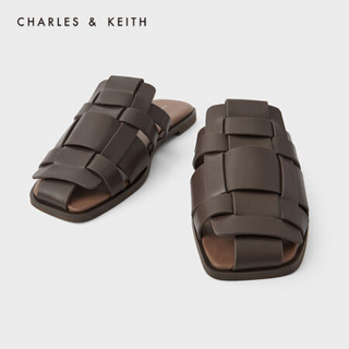CHARLES＆KEITH2021夏季新品CK1-70380858女士编织鞋面平底凉拖 Dark Brown深啡色 39