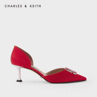 CHARLES＆KEITH2021夏新品SL1-60280369女士半宝石饰高跟单鞋婚鞋 Red红色 38