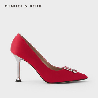 CHARLES＆KEITH2021夏季新品SL1-60280366女士半宝石饰高跟鞋婚鞋 Red红色 36