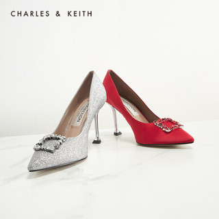 CHARLES＆KEITH2021夏季新品SL1-60280366女士半宝石饰高跟鞋婚鞋 Silver银色 40