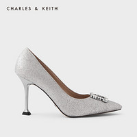 CHARLES＆KEITH2021夏季新品SL1-60280366女士半宝石饰高跟鞋婚鞋 Silver银色 40