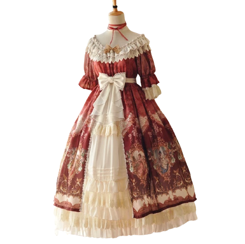 DearCeline Lolita洛丽塔 Rococo Dream 女士假两件OP有袖连衣裙 华丽版 酒红色 S