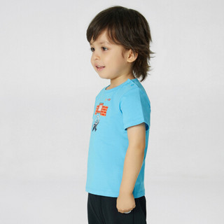 安奈儿童装男童夏款圆领短袖T恤2021新款休闲风衬衫 智能蓝 100cm