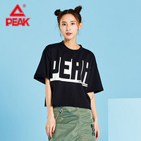 匹克（PEAK）运动T恤女时尚潮流印花圆领短款T舒适微弹宽松短袖 DF601062 黑色 X3L