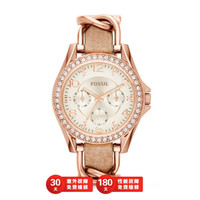 Fossil女士RILEY系列三针石英手表水晶装饰皮革表带休闲时尚38mm ES3466P
