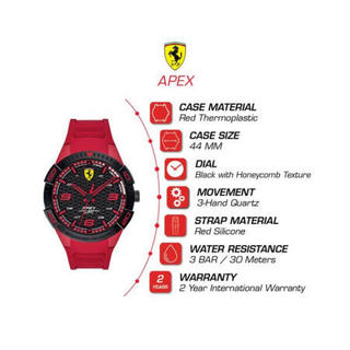 Ferrari法拉利Apex男士红色硅胶赛车运动手表三针石英机芯防水44mm Red No Size