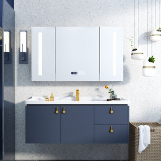 联勒（UNILER）实木浴室柜组合现代简约卫浴柜镜柜卫生间浴室洗漱台洗手盆柜组合套装 智能镜柜-蓝色-120cm