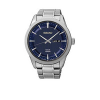 精工(Seiko)男士石英机芯太阳能手表不锈钢表链43mm蓝色日期窗口表盘防水100m Blue One Size