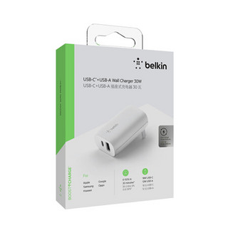 贝尔金（BELKIN）PD快充30W充电器电源适配器Type-C/USB-C数据线双接口苹果iPhone12/11pro/SE