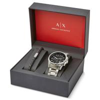 阿玛尼(ARMANI EXCHANGE)男士石英手表不锈钢表带多功能44mm表盘防水50m&手链套装 Black os