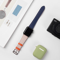 爱否Apple Watch SE真皮撞色表带iWatch6/5代Series通用苹果手表保护手腕带 靛蓝+粉白 38/40mm