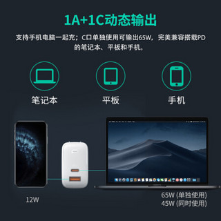 AUKEY傲基氮化镓65W双口充电器USB-C口电源适配器通用苹果笔记本iPadType-C快充插头 黑色+2米C-L苹果线