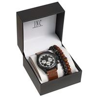 INC 男士手表石英机芯生活防水棕色皮革表带腕表48mm 串珠手链 礼品套装 Brown ONE SIZE