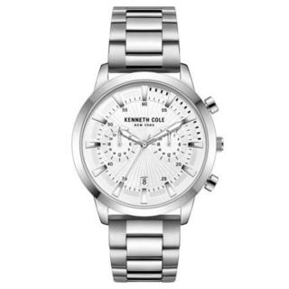 Kenneth Cole New York男士石英手表不锈钢表带双时区日期44mm表盘防水30m Silver os