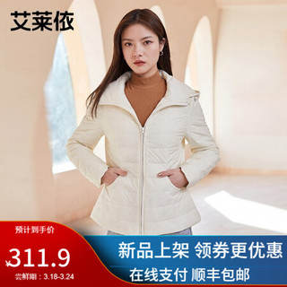 艾莱依轻薄羽绒服女短款时尚修身连帽羽绒服春新款防风保暖外套6021107021 米白 155