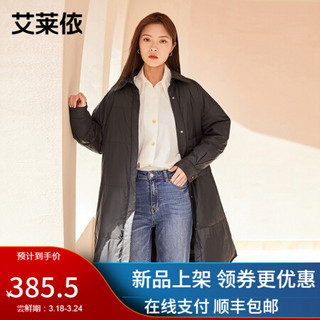 艾莱依轻薄羽绒服女2021时尚中长款趣味领羽绒服长衬衫春长款外套6021106007 黑色 165