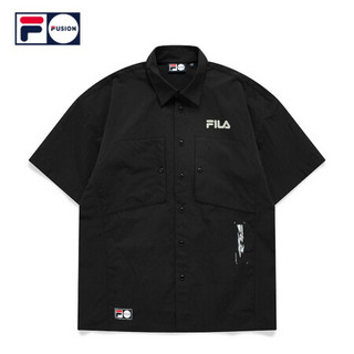 FILA FUSION 潮牌男女梭织短袖衬衫2021春夏新款日系街头运动上衣 T11U126402F 深黑-BK（宽松版型，建议拍小一码） 165/88A/S