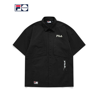 FILA FUSION 潮牌男女梭织短袖衬衫2021春夏新款日系街头运动上衣 T11U126402F 深黑-BK（宽松版型，建议拍小一码） 165/88A/S