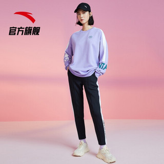 ANTA安踏2021春夏加绒新品运动卫衣女士圆领套头衫宽松休闲撞色上衣潮官方旗舰网店 香草紫962037717-3 XXL(适合女180)