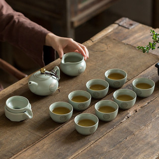 汝道 汝窑整套功夫茶具套装家用开片汝瓷鎏银茶具复古陶瓷6人茶器纯银金福茶壶茶杯盖碗整套礼品 汝窑方耳壶加金12入礼盒装