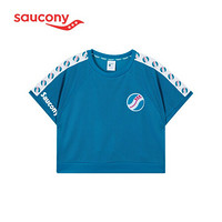 Saucony索康尼夏新款短款印花女装短袖宽松短款休闲运动T恤 38022811012 孔雀蓝 XL