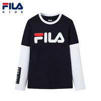 FILA KIDS 斐乐儿童男童长袖T恤2021年夏季新款男孩圆领休闲上衣 D72传奇蓝-NV 140cm