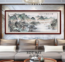 尚得堂 手绘国画 山水画 毛远俊《富春山居图》165×85cm 沙比利实木框