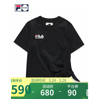 FILA FUSIONx WM白山联名 针织短袖衫2021春夏新款时尚休闲T恤女 深黑-BK 155/76A/XS