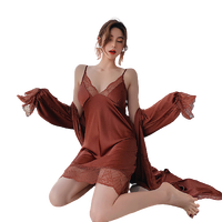 PEANOJEAN 女士冰丝吊带睡裙套装 6836 2件套 焦糖色 M