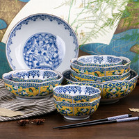 美浓烧 日式陶瓷餐具碗碟盘套装 家用组合日式贵族宫廷风风盘子饭碗 黄花鳥10件套装