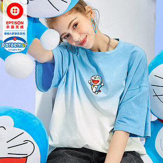【哆啦A梦联名】女式t恤2021夏季新款个性渐变卡通印花短袖t恤 XL 蓝白渐变色