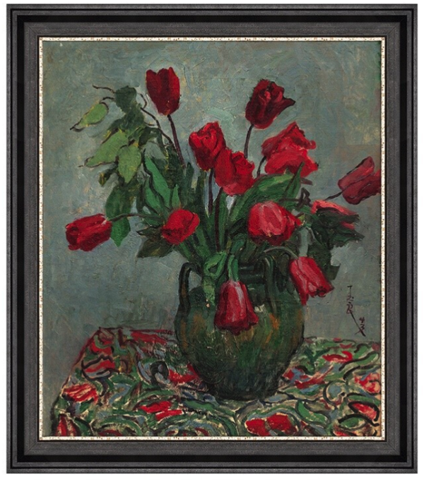 潘玉良静物油画碎花布与红色郁金香装饰画6456cm油画布