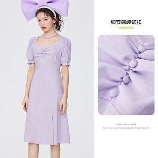 【方领泡泡袖】2021夏新款短袖法式复古洋气裙子连衣裙女 S 粉紫7020