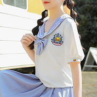小黄鸭女式衬衫2021年夏新款闺蜜装小短款JK水手服减龄短袖衬衣女 S 蓝白色