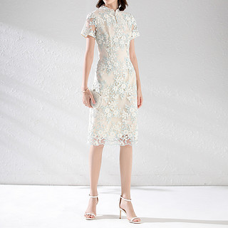 夏季中式改良中国风旗袍裙珍珠扣修身短袖刺绣连衣裙 XL 绿色花