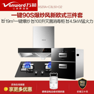 万和（Vanward）家用抽油烟机 吸油烟机 欧式19立方大吸力 烟灶消三件套 X520A+C3L50+D2(天然气)