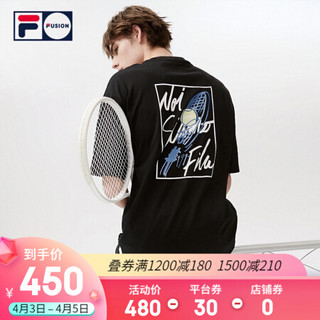 FILA FUSION 潮牌针织短袖衫2021春夏新款时尚印花圆领宽松T恤男 T11M121107F 深黑-BK（宽松版型，建议拍小一码） 180/100A/XL