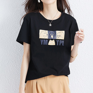 拉夏贝尔旗下7.MODIFIER夏季新款时尚纯棉短袖女式T恤 XL 黑色