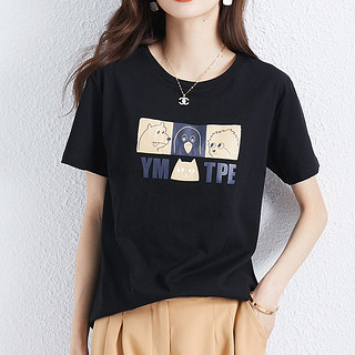 拉夏贝尔旗下7.MODIFIER夏季新款时尚纯棉短袖女式T恤 XL 黑色