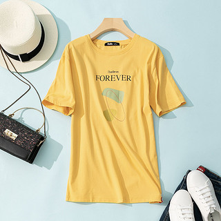 简约圆领印花女式T恤拉夏贝尔旗下2021春季新款短袖纯棉体恤 M 黄色