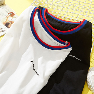 拉夏贝尔旗下女款字母刺绣印花短袖T恤韩版修身显瘦撞色圆领上衣 M 黑色