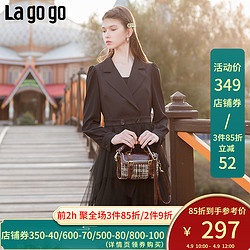 Lagogo拉谷谷2020年冬季新款黑色高腰不规则泡泡袖中长款连衣裙女